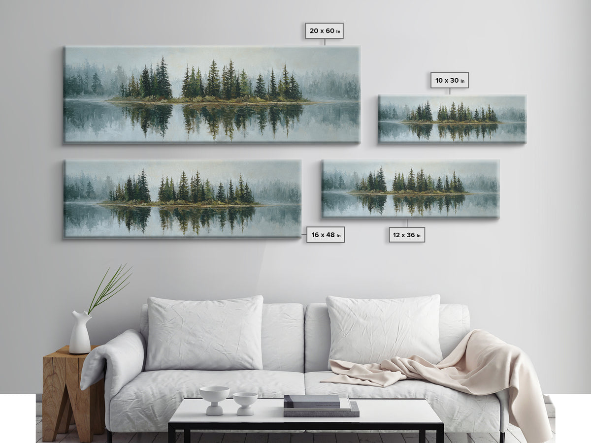 Quiet Lake Reflecting Pine Forest Framed Canvas Print, Landscape Art, Modern Decor, Living Room Decor, Fine Art, Horizon, LAN-3x1-44