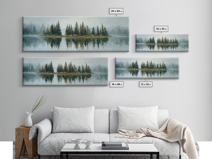 Quiet Lake Reflecting Pine Forest Framed Canvas Print, Landscape Art, Modern Decor, Living Room Decor, Fine Art, Horizon, LAN-3x1-44