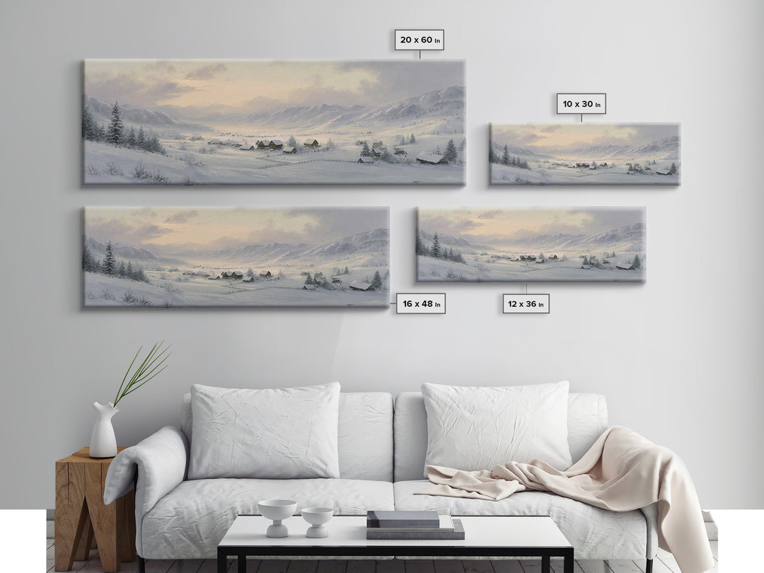 Snow Covered Alpine Village at Dusk Framed Canvas Print, Landscape Art, Digital Art, Living Room Decor, Fine Art, Horizon, LAN-3x1-47