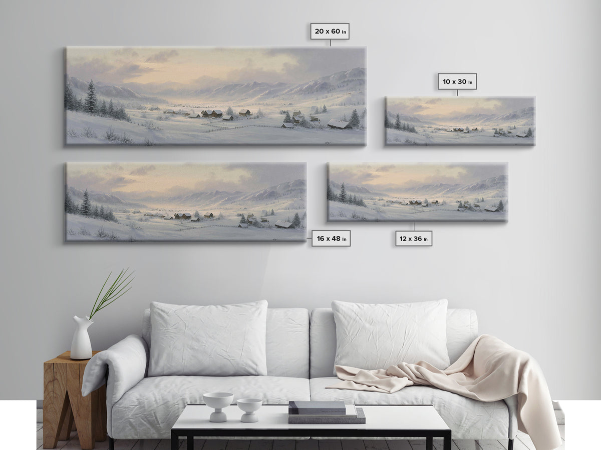 Snow Covered Alpine Village at Dusk Framed Canvas Print, Landscape Art, Digital Art, Living Room Decor, Fine Art, Horizon, LAN-3x1-47