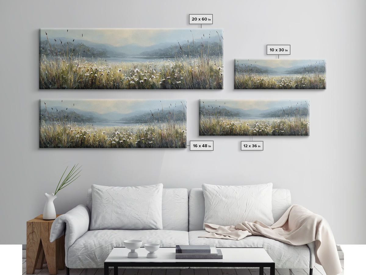 Sunlit Meadow with Wildflowers Framed Canvas Print, Landscape Art, Living Room Wall Art, Living Room Decor, Oil Painting, LAN-3x1-53