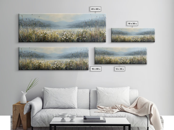 Sunlit Meadow with Wildflowers Framed Canvas Print, Landscape Art, Living Room Wall Art, Living Room Decor, Oil Painting, LAN-3x1-53