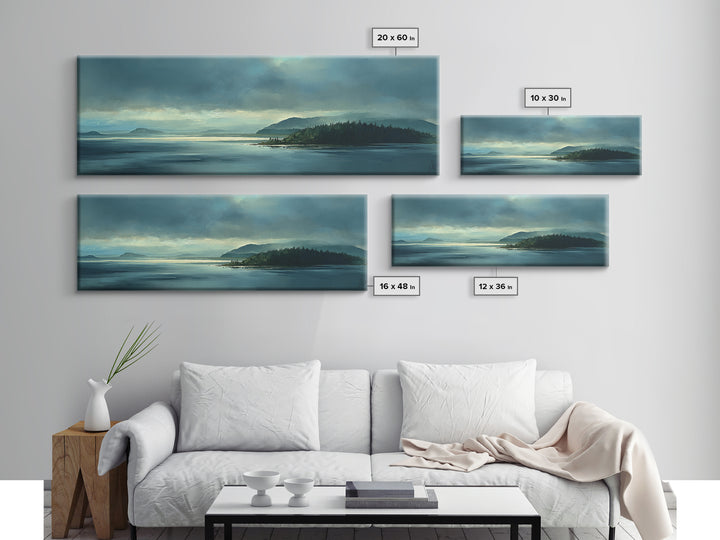 Fjord Landscape with Icy Blue Water Framed Canvas Print, Landscape Art, Decor, Living Room Decor, Oil Painting, Horizon, LAN-3x1-55