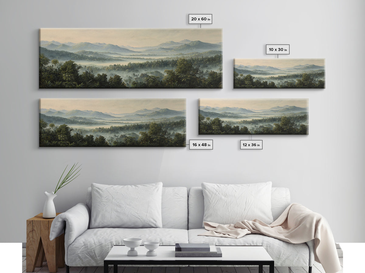Tropical Jungle Waterfall Framed Canvas Print, Landscape Art, Minimalist Decor, Living Room Decor, Oil Painting, Horizon, LAN-3x1-56