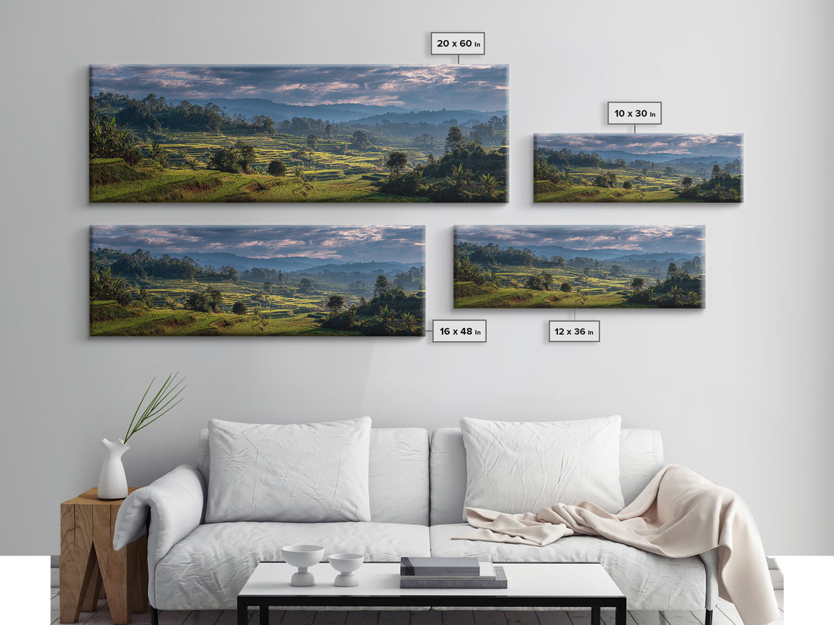 Rice Terraces Glowing Framed Canvas Print, Landscape Art, Living Room Decor, Oil Painting, Horizon, Modern Art, Gallery Decor, LAN-3x1-58
