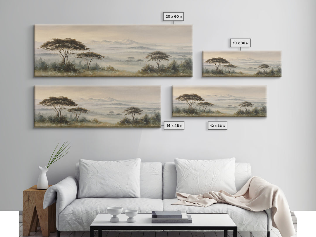 Wide Savanna with Acacia Silhouette Framed Canvas Print, Landscape Art, Digital Prints, Living Room Decor, Fine Art, Horizon, LAN-3x1-59