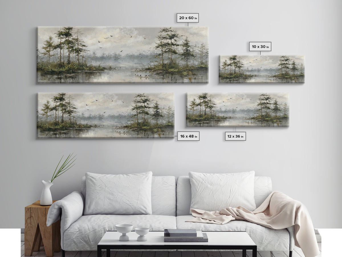Misty Cypress Swamp Canvas Print, Landscape Art, Boho Decor, Living Room Decor, Fine Art, Horizon, Art Prints, Digital Art, LAN-3x1-62
