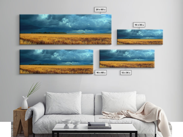 Golden Wheat Field Beneath Huge Clouds Framed Canvas Print, Landscape Art, Luxury Decor, Living Room Decor, Fine Art, Horizon, LAN-3x1-64