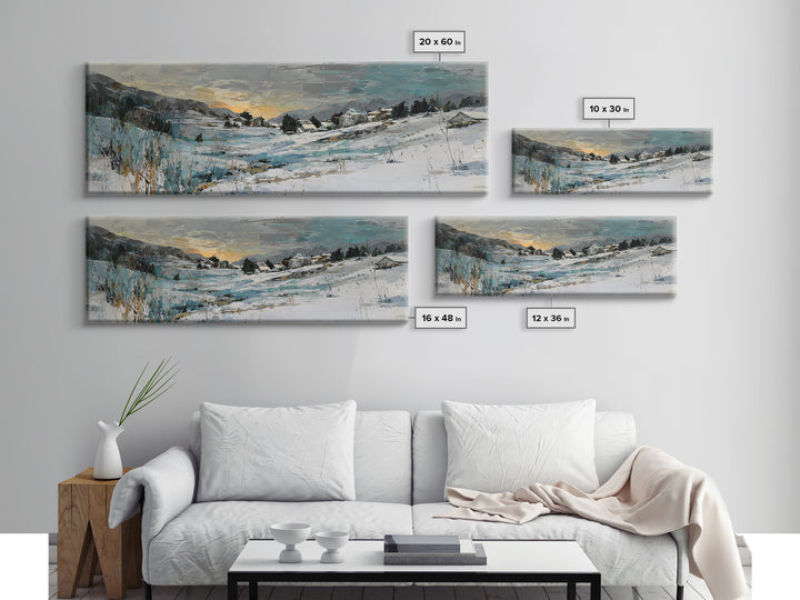 Snow Covered Alpine Village at Dusk Canvas Print, Landscape Art, Framed Wall Art, Living Room Decor, Oil Painting, Horizon, LAN-3x1-71