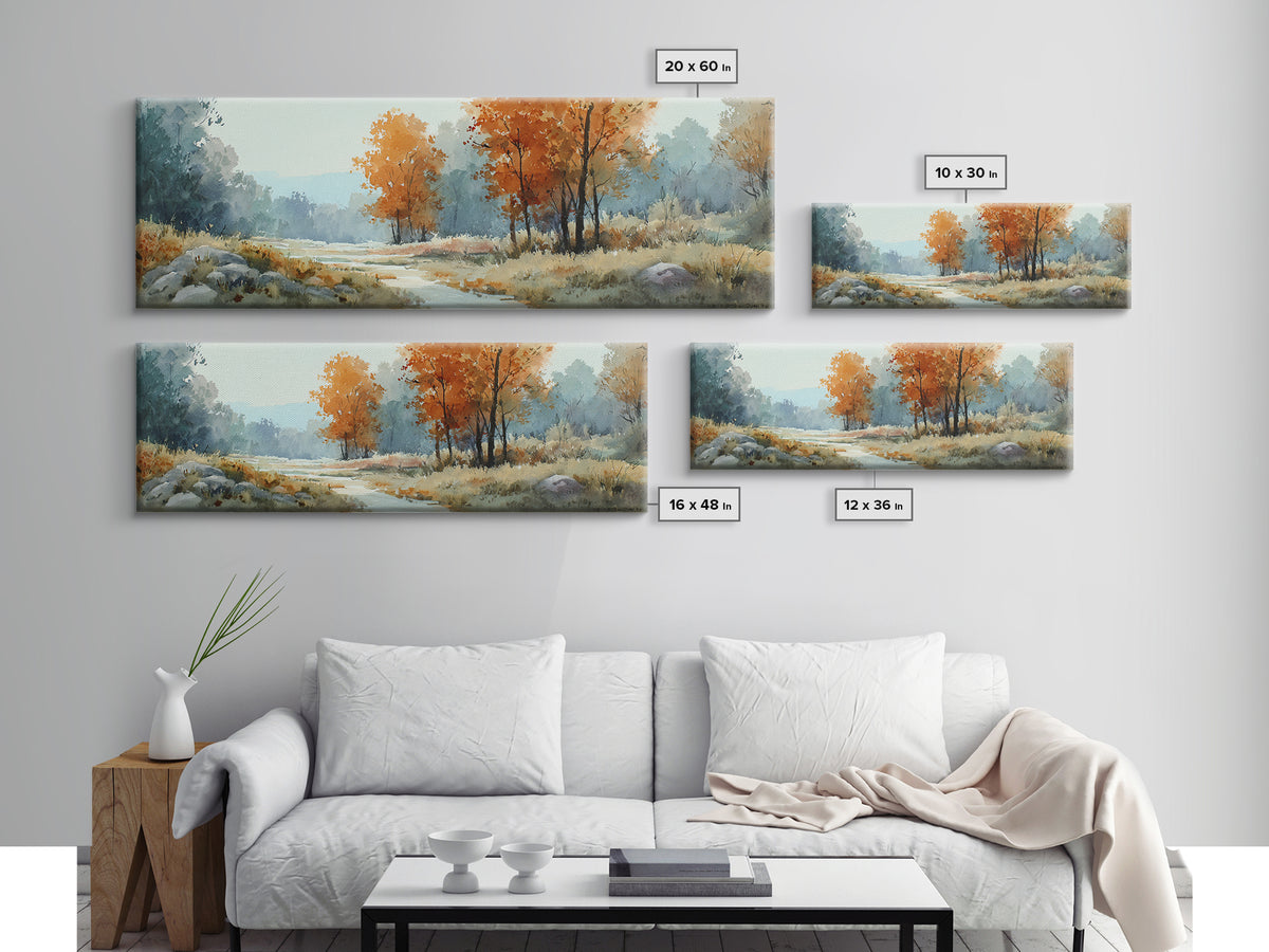 Autumn Forest Path Framed Canvas Print, Landscape Art, Neutral Decor, Living Room Decor, Oil Painting, Horizon, Home Decor, LAN-3x1-73