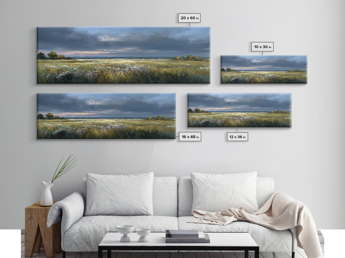 Sunlit Meadow with Wildflowers Framed Canvas Print, Landscape Art, Living Room Wall Art, Living Room Decor, Oil Painting, LAN-3x1-77