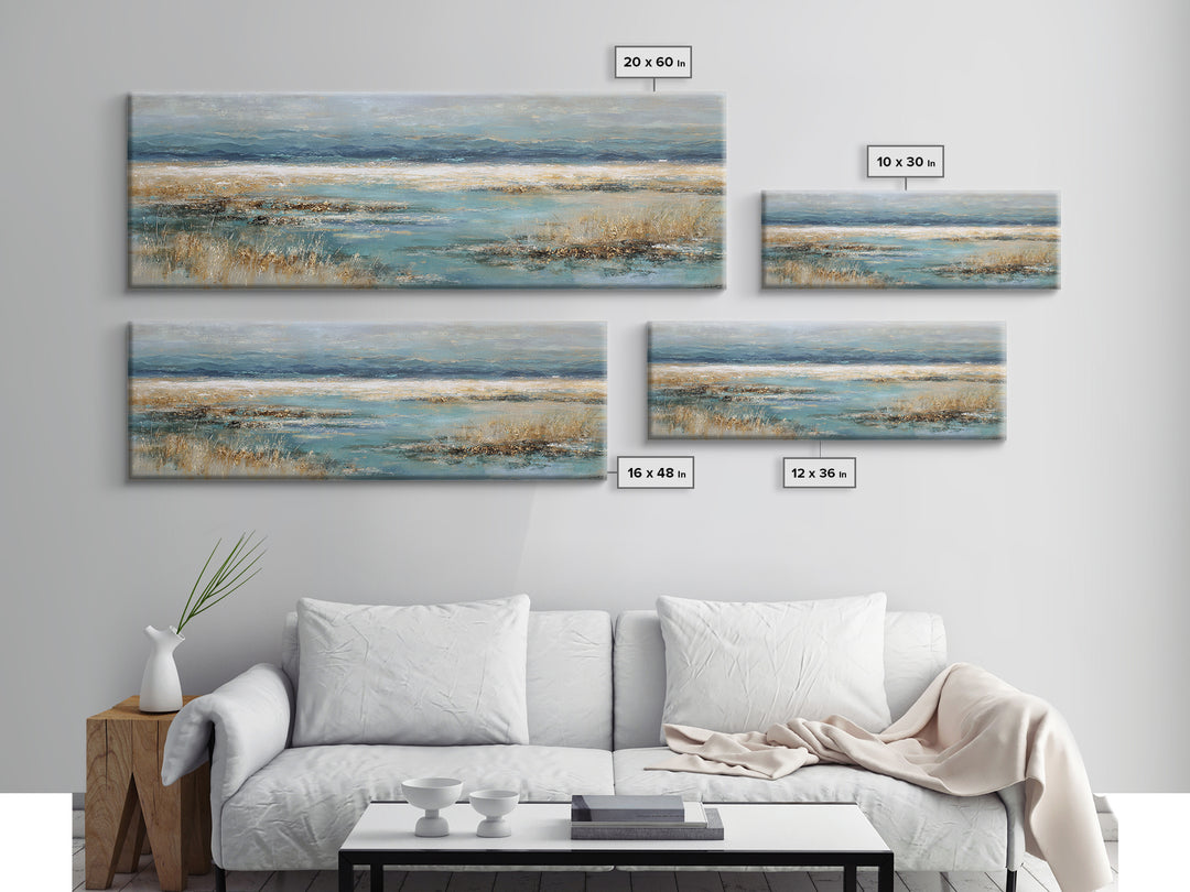Fjord Landscape with Icy Blue Water Framed Canvas Print, Landscape Art, Digital Print, Living Room Decor, Fine Art, Horizon, LAN-3x1-79