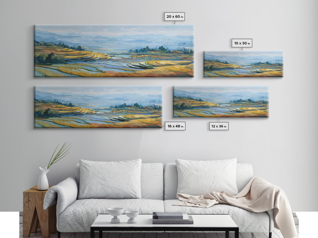 Rice Terraces Glowing Framed Canvas Print, Landscape Art, Living Room Decor, Oil Painting, Horizon, Modern Art, Gallery Decor, LAN-3x1-82
