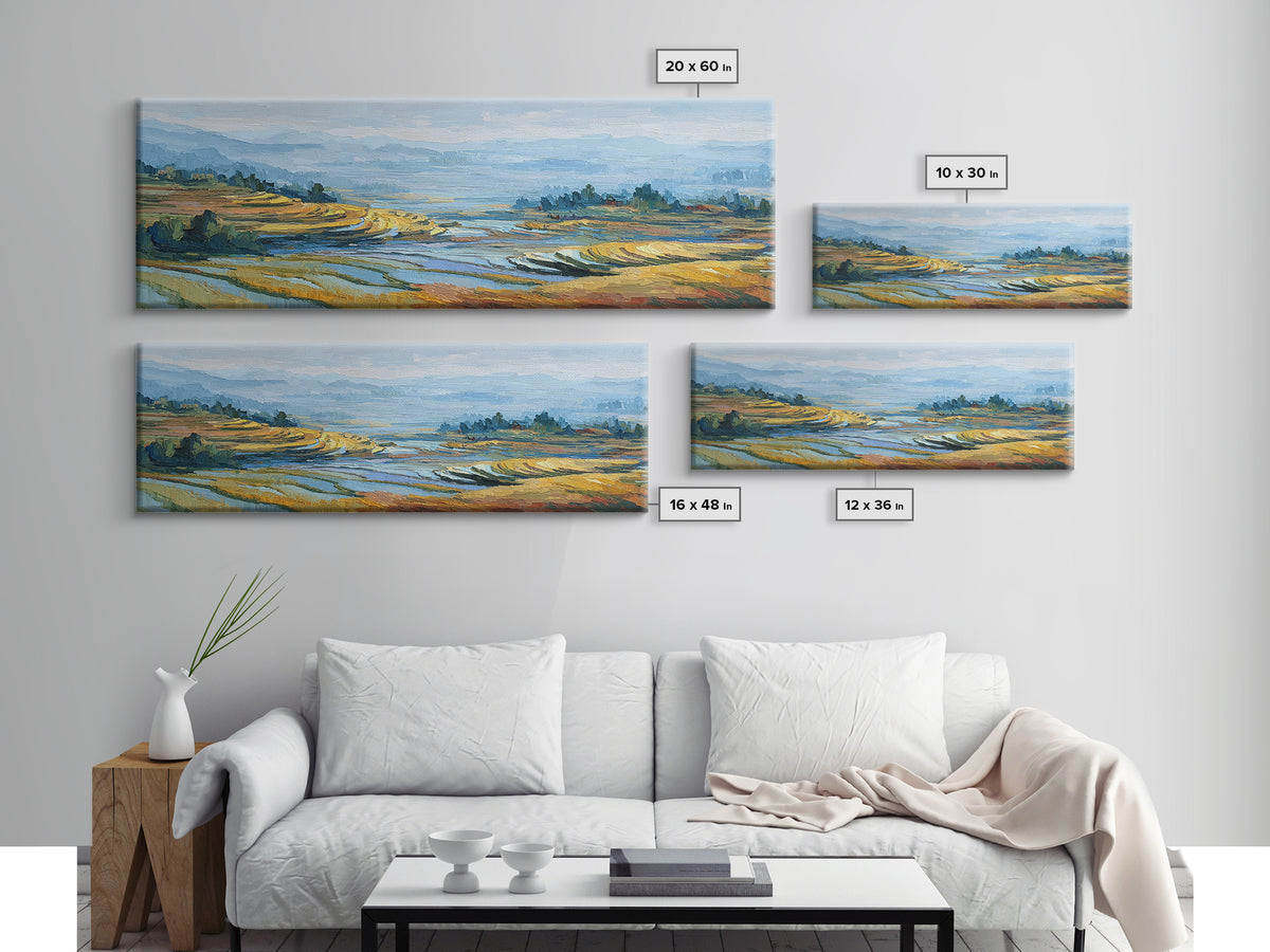 Rice Terraces Glowing Framed Canvas Print, Landscape Art, Living Room Decor, Oil Painting, Horizon, Modern Art, Gallery Decor, LAN-3x1-82