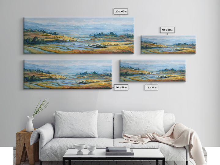 Rice Terraces Glowing Framed Canvas Print, Landscape Art, Living Room Decor, Oil Painting, Horizon, Modern Art, Gallery Decor, LAN-3x1-82