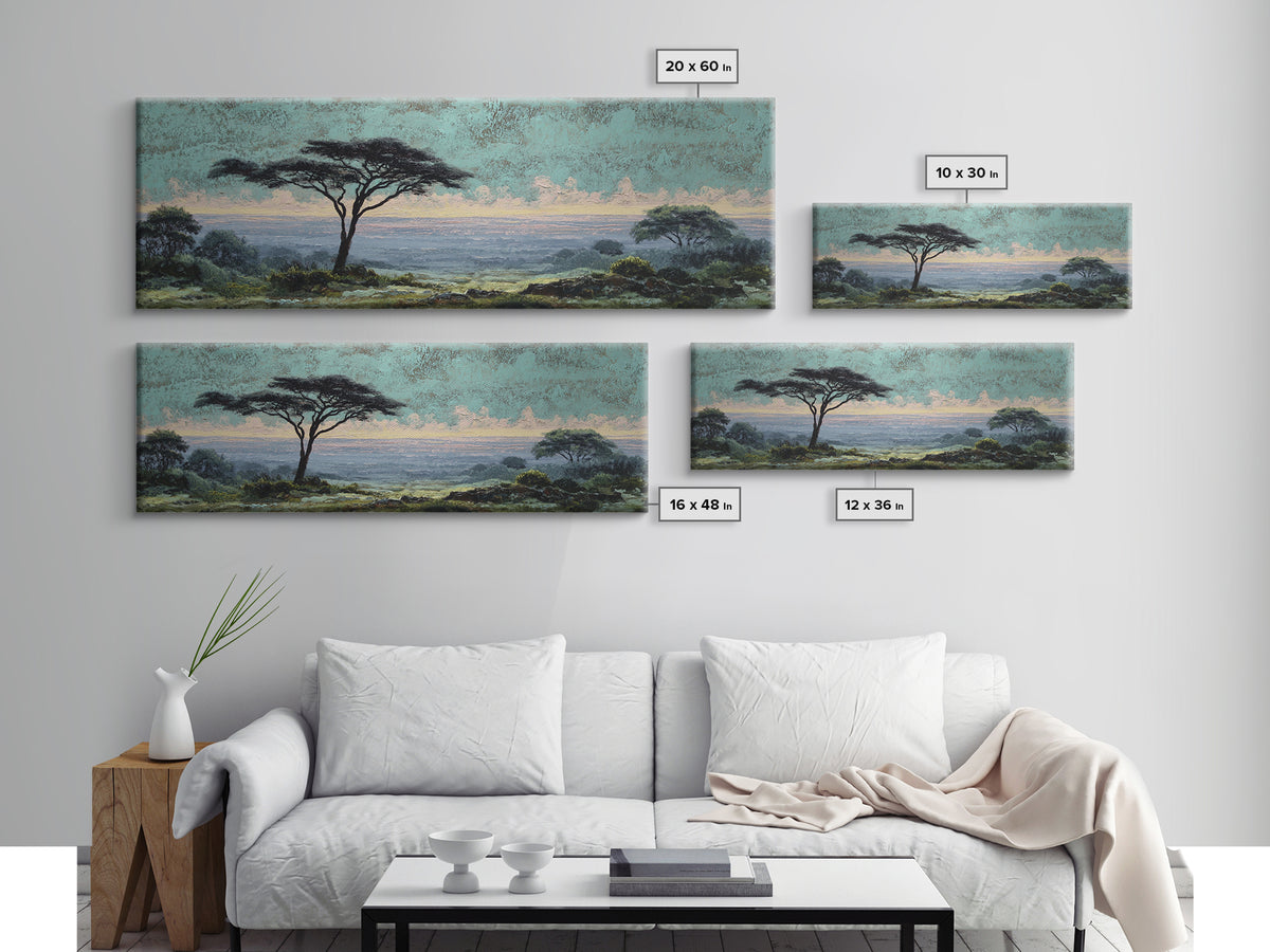 Wide Savanna with Acacia Silhouette Canvas Print, Landscape Art, Digital Wall Art, Living Room Decor, Fine Art, Horizon, LAN-3x1-83