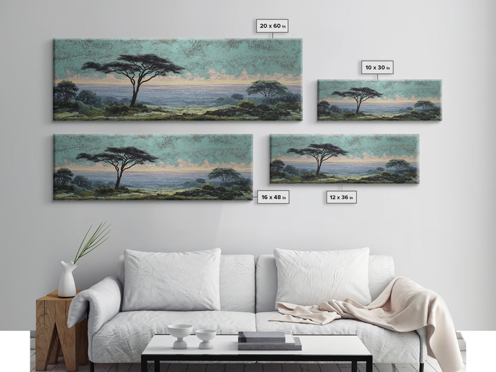 Wide Savanna with Acacia Silhouette Canvas Print, Landscape Art, Digital Wall Art, Living Room Decor, Fine Art, Horizon, LAN-3x1-83