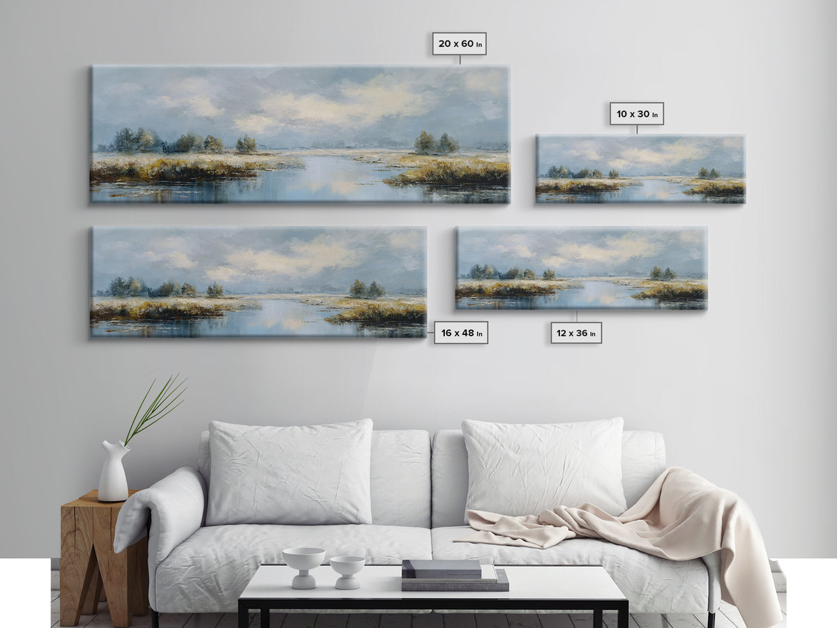 Moonlit River with Silver Reflections Canvas Print, Landscape Art, Floral Wall Art, Living Room Decor, Fine Art, Horizon, LAN-3x1-85