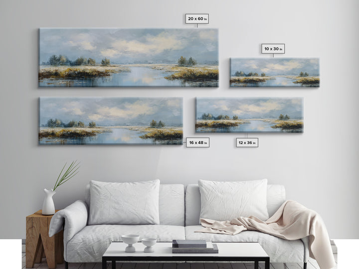 Moonlit River with Silver Reflections Canvas Print, Landscape Art, Floral Wall Art, Living Room Decor, Fine Art, Horizon, LAN-3x1-85