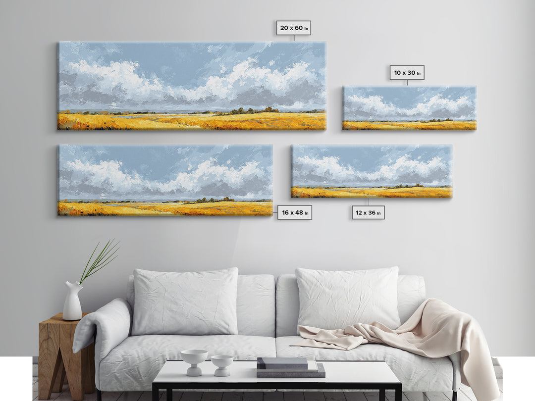 Golden Wheat Field Beneath Huge Clouds Canvas Print, Landscape Art, Wall Art, Living Room Decor, Horizon, Framed Wall Art, LAN-3x1-88