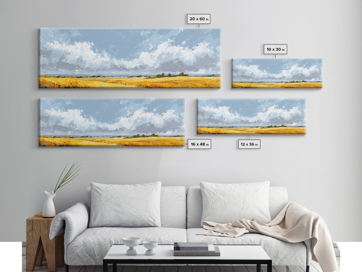 Golden Wheat Field Beneath Huge Clouds Canvas Print, Landscape Art, Wall Art, Living Room Decor, Horizon, Framed Wall Art, LAN-3x1-88