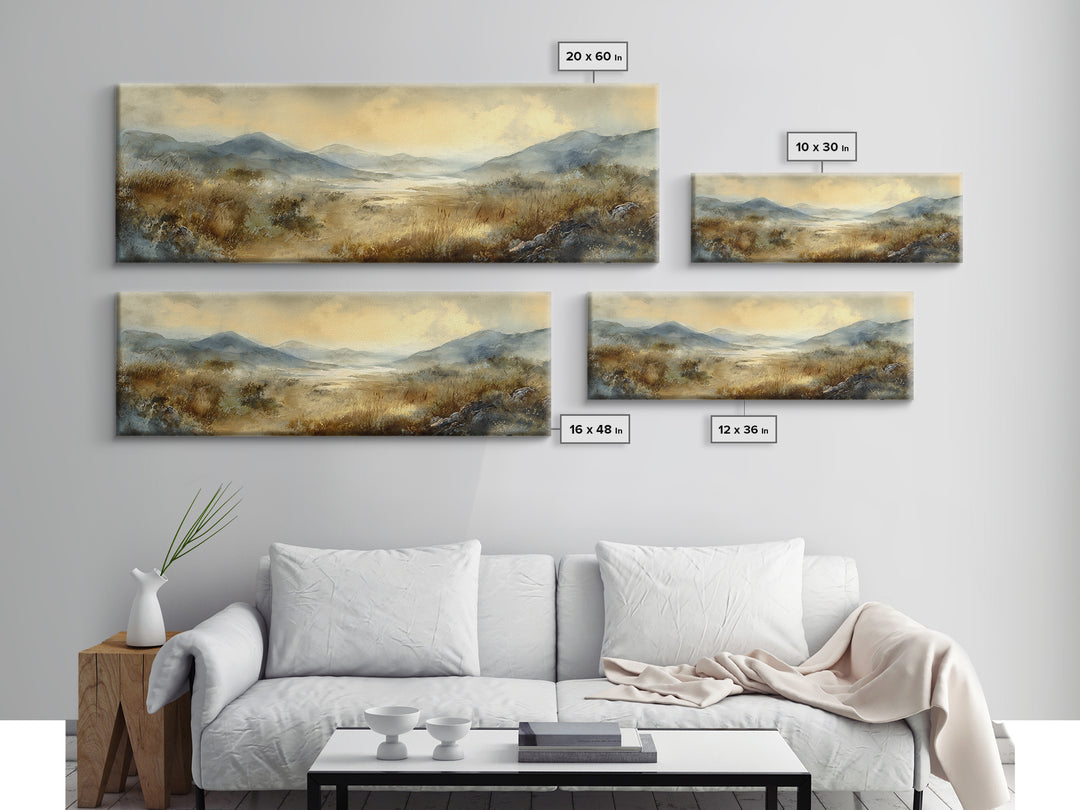 Misty Mountain Valley at Sunrise Framed Canvas Print, Landscape Art, Boho Decor, Living Room Decor, Fine Art, Horizon, LAN-3x1-89