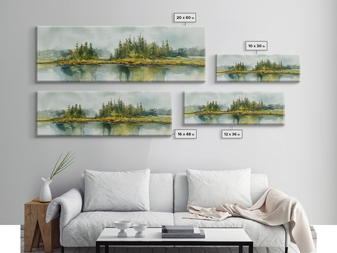 Quiet Lake Reflecting Pine Forest Canvas Print, Landscape Art, Digital Art, Living Room Decor, Fine Art, Horizon, Boho Wall Art, LAN-3x1-92