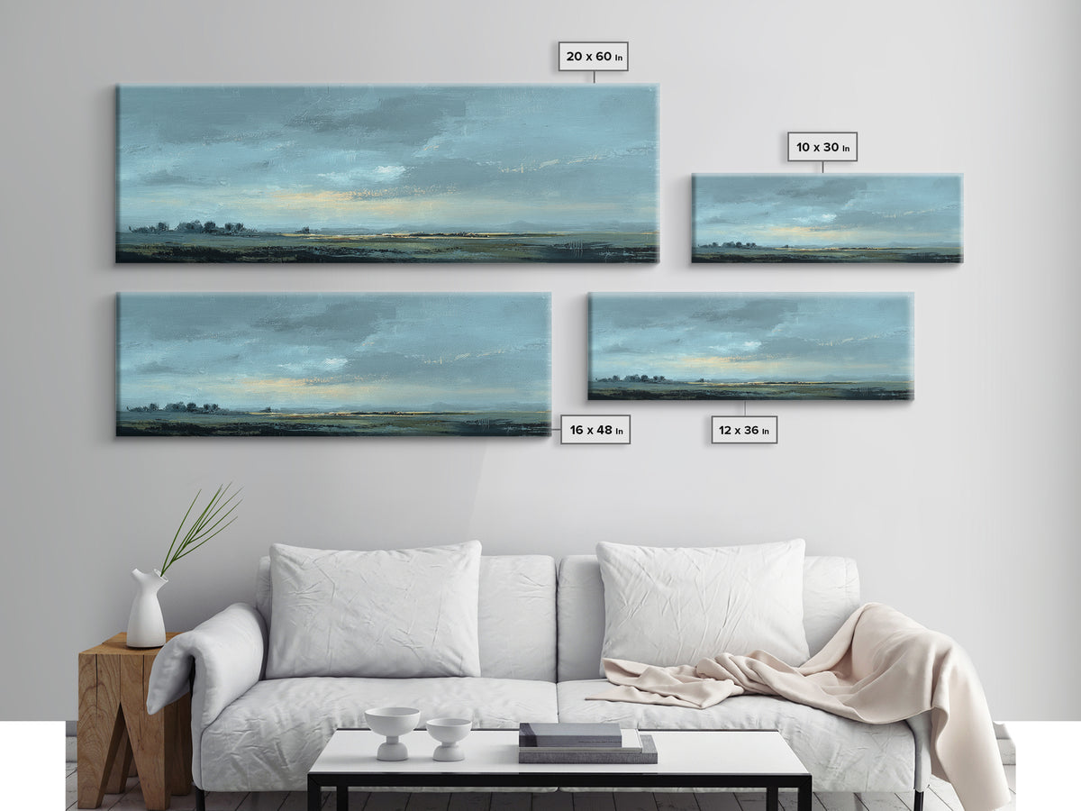 Desert Dunes under Pale Moon Framed Canvas Print, Landscape Art, Printable Wall Art, Living Room Decor, Oil Painting, Horizon, LAN-3x1-99