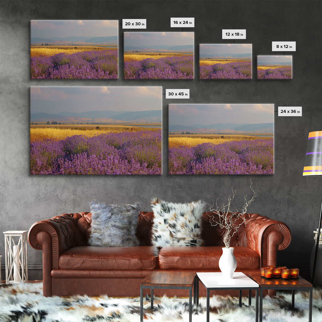 Lavender Field Leading to Distant Hills Framed Canvas Print, Landscape Art, Framed Wall Art, Living Room Decor, Oil Painting, LAN-3x2-14