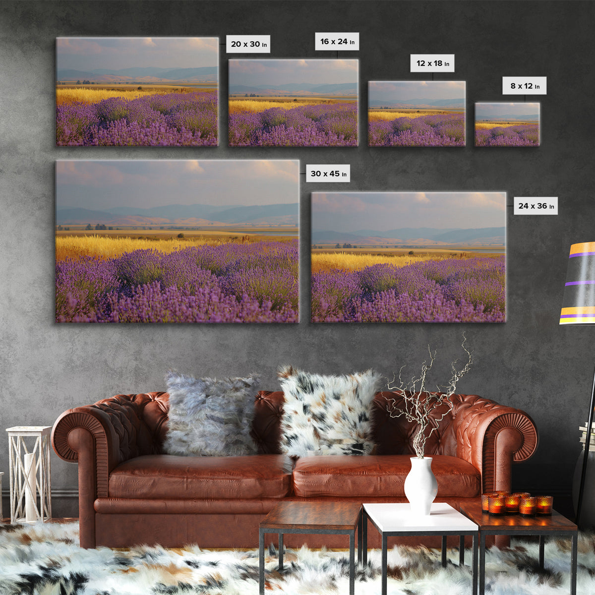 Lavender Field Leading to Distant Hills Framed Canvas Print, Landscape Art, Framed Wall Art, Living Room Decor, Oil Painting, LAN-3x2-14