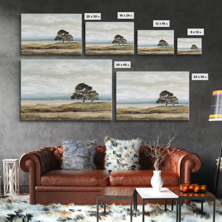 Wide Savanna with Acacia Silhouette Framed Canvas Print, Landscape Art, Living Room Wall Art, Living Room Decor, Oil Painting, LAN-3x2-23