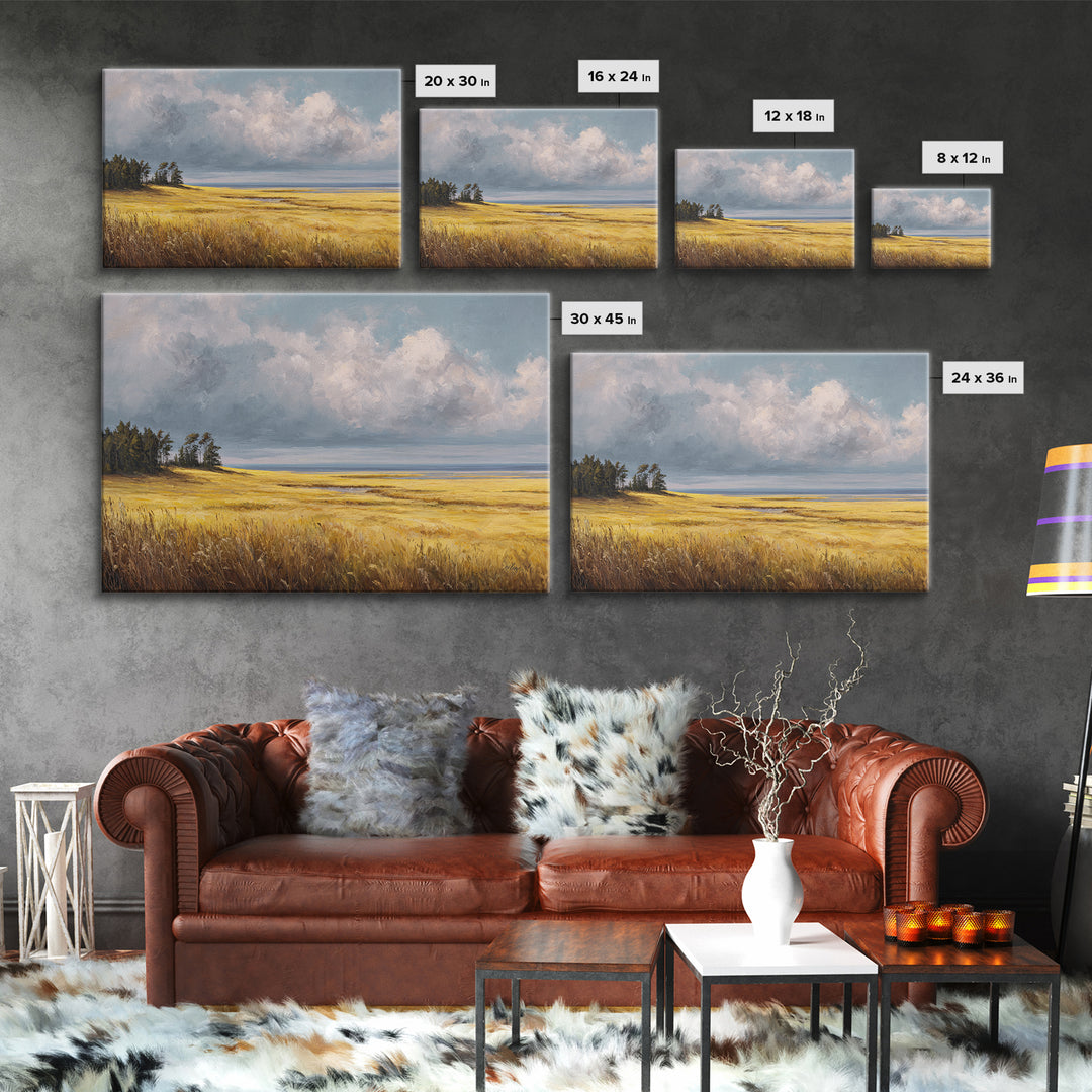 Golden Wheat Field Beneath Huge Clouds Canvas Print, Landscape Art, Horizontal Wall Art, Living Room Decor, Horizon, LAN-3x2-28