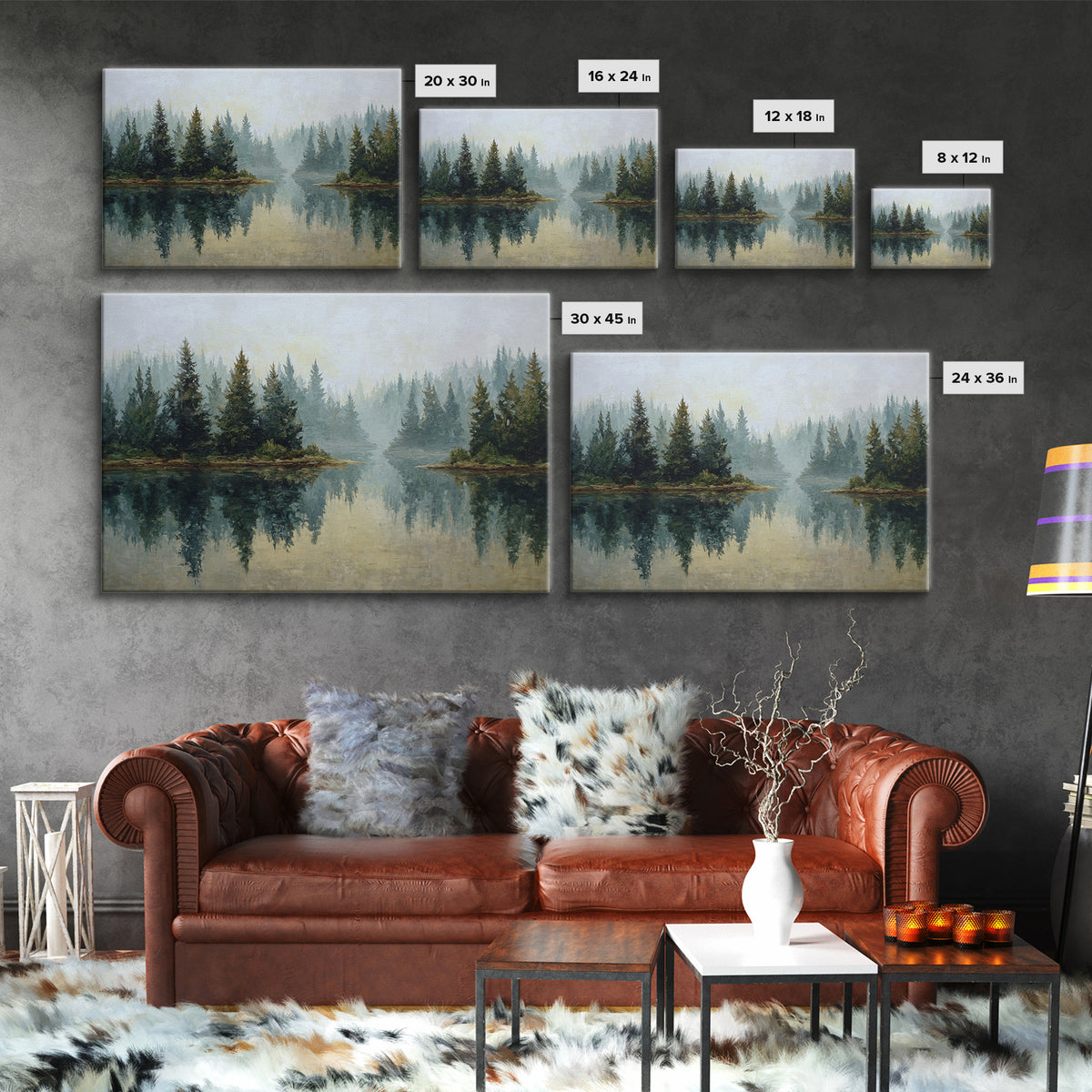 Quiet Lake Reflecting Pine Forest Canvas Print, Landscape Art, Living Room Wall Art, Living Room Decor, Oil Painting, Horizon, LAN-3x2-32
