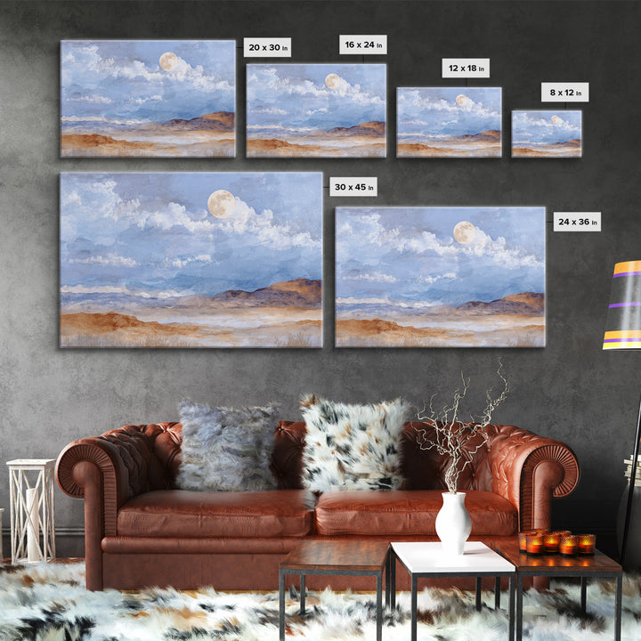 Desert Dunes under Pale Moon Framed Canvas Print, Landscape Art, Contemporary Art, Living Room Decor, Fine Art, Horizon, LAN-3x2-39