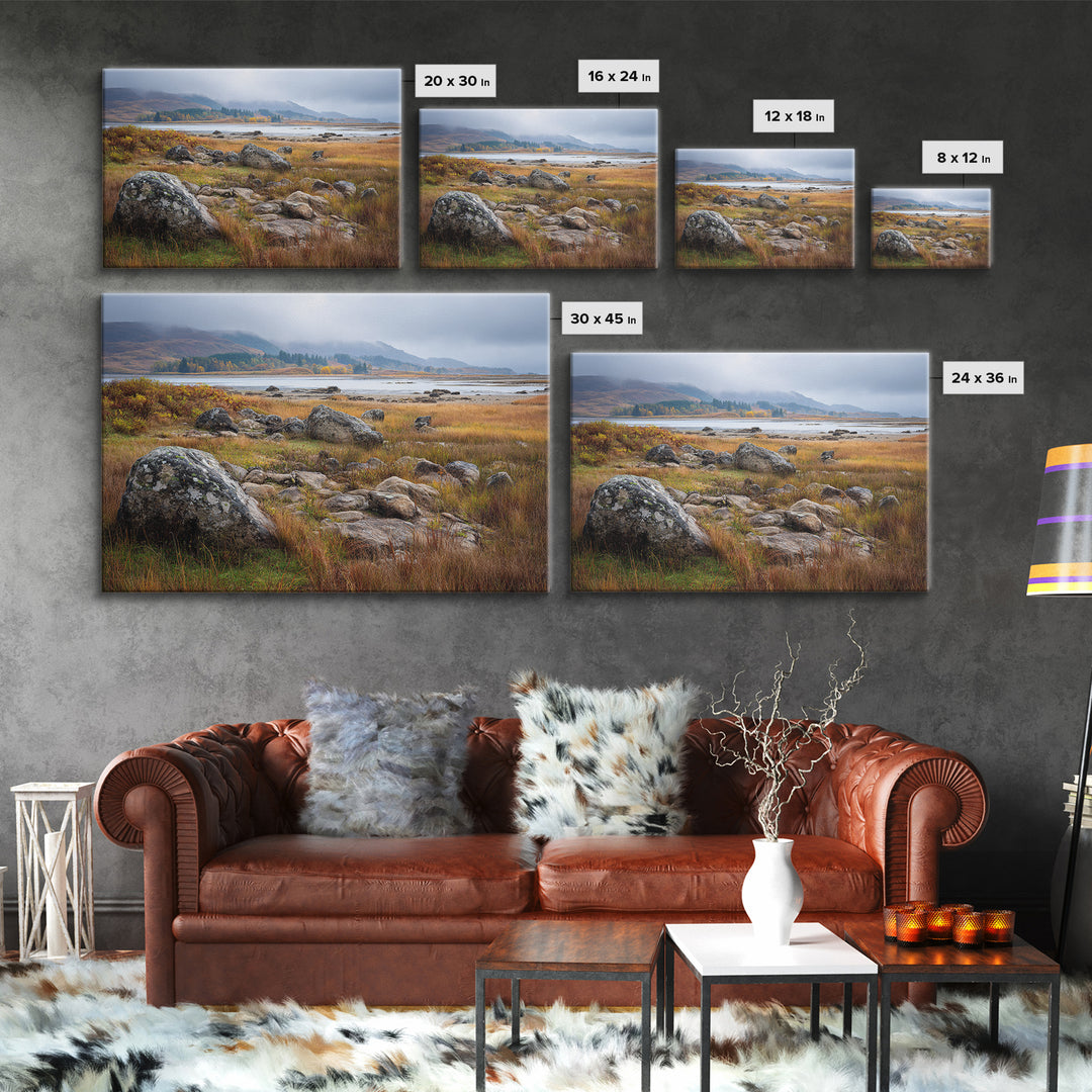 Rocky Scottish Highland Framed Canvas Print, Landscape Art, Gallery Decor, Living Room Decor, Fine Art, Horizon, Wall Art, LAN-3x2-45