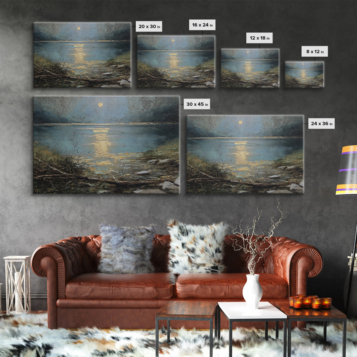Moonlit River with Silver Reflections Canvas Print, Landscape Art, Neutral Decor, Living Room Decor, Oil Painting, Horizon, LAN-3x2-49