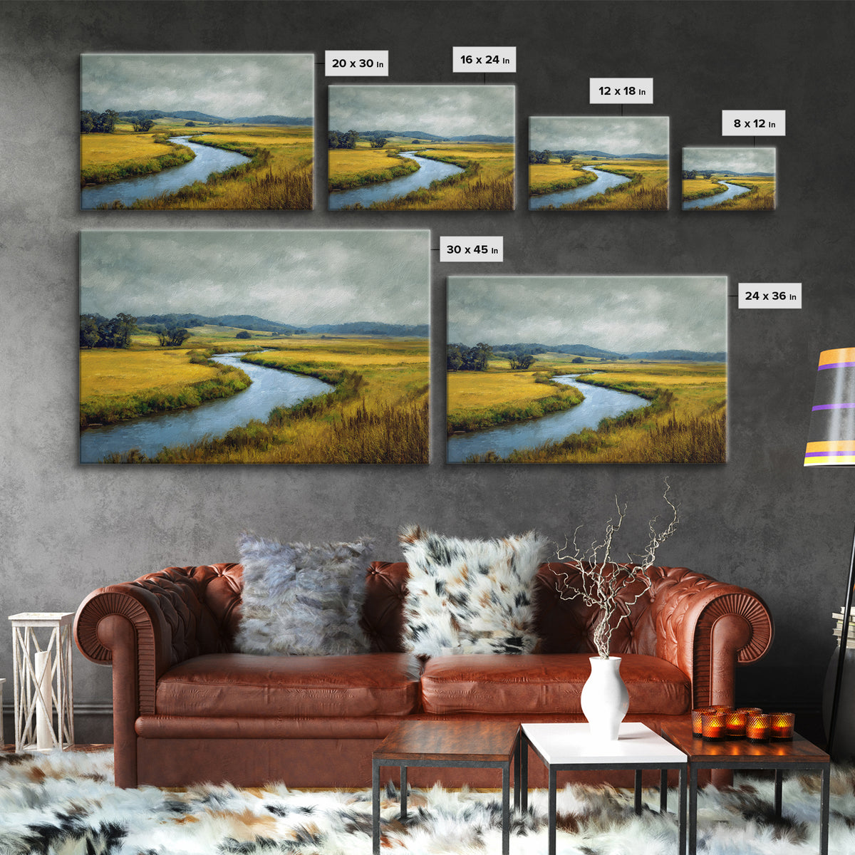 Winding River Through Golden Fields Framed Canvas Print, Landscape Art, Farmhouse Decor, Living Room Decor, Fine Art, Horizon, LAN-3x2-6