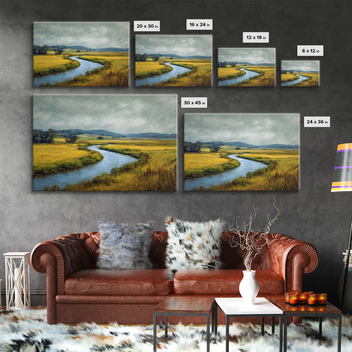 Winding River Through Golden Fields Framed Canvas Print, Landscape Art, Farmhouse Decor, Living Room Decor, Fine Art, Horizon, LAN-3x2-6
