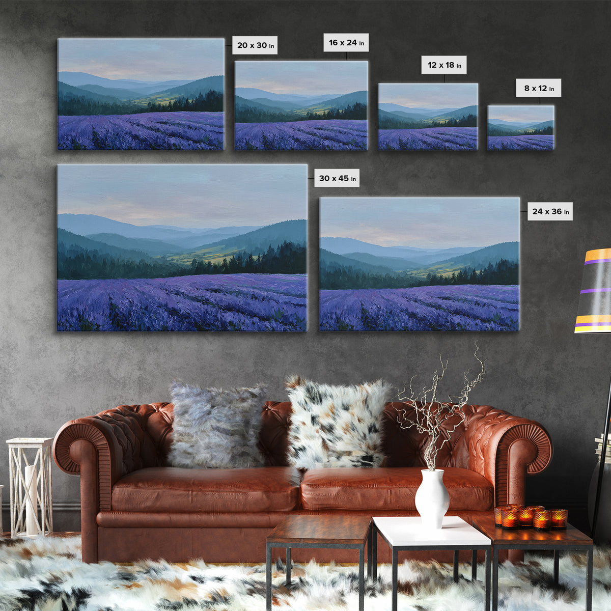 Lavender Field Leading to Distant Hills Canvas Print, Landscape Art, Abstract Wall Art, Living Room Decor, Fine Art, Horizon, LAN-3x2-62