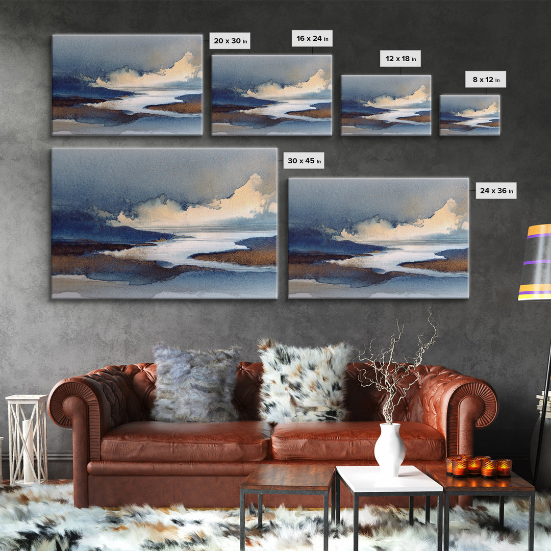 Moonlit River with Silver Reflections Canvas Print, Landscape Art, Neutral Decor, Living Room Decor, Oil Painting, Horizon, LAN-3x2-73