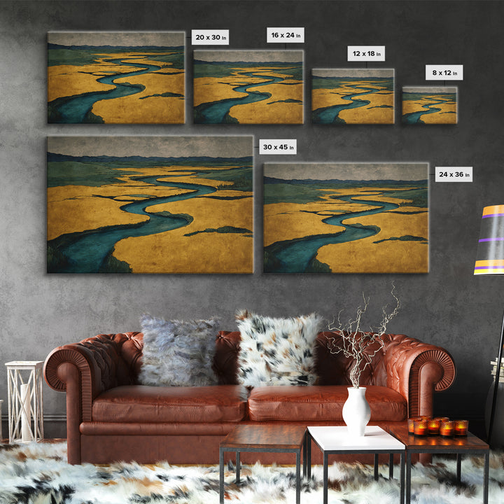 Winding River Through Golden Fields Framed Canvas Print, Landscape Art, Set of 3 Prints, Living Room Decor, Fine Art, Horizon, LAN-3x2-78