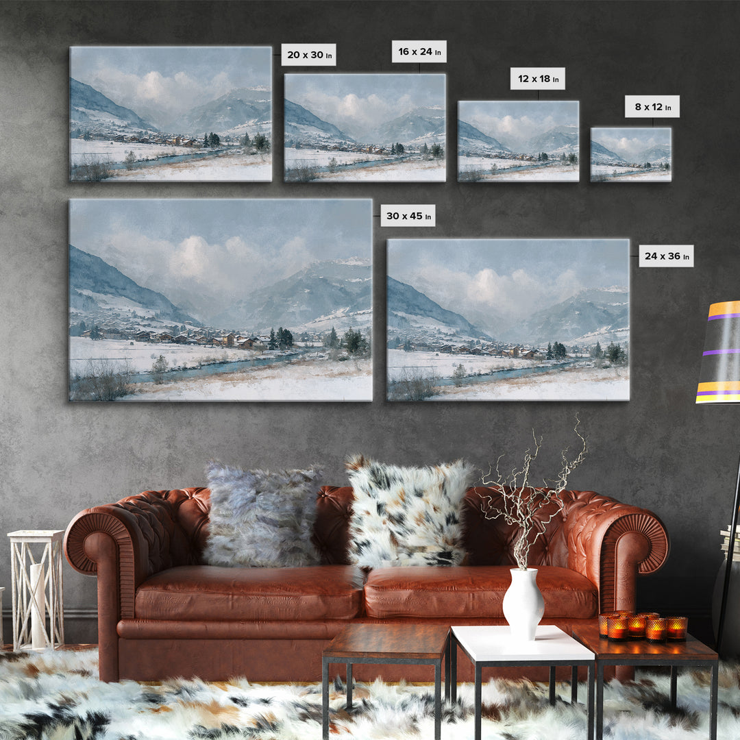Snow Covered Alpine Village at Dusk Canvas Print, Landscape Art, Framed Wall Art, Living Room Decor, Oil Painting, Horizon, LAN-3x2-83