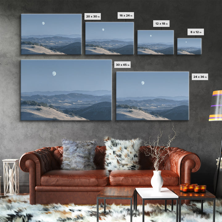 Desert Dunes under Pale Moon Framed Canvas Print, Landscape Art, Wall Decor, Living Room Decor, Fine Art, Horizon, LAN-3x2-87