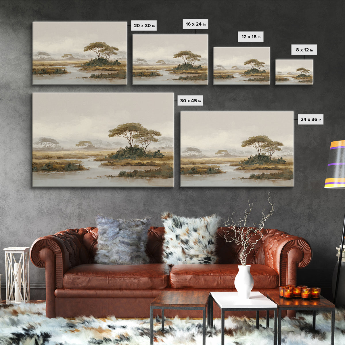 Wide Savanna with Acacia Silhouette Framed Canvas Print, Landscape Art, Digital Wall Art, Living Room Decor, Fine Art, Horizon, LAN-3x2-95