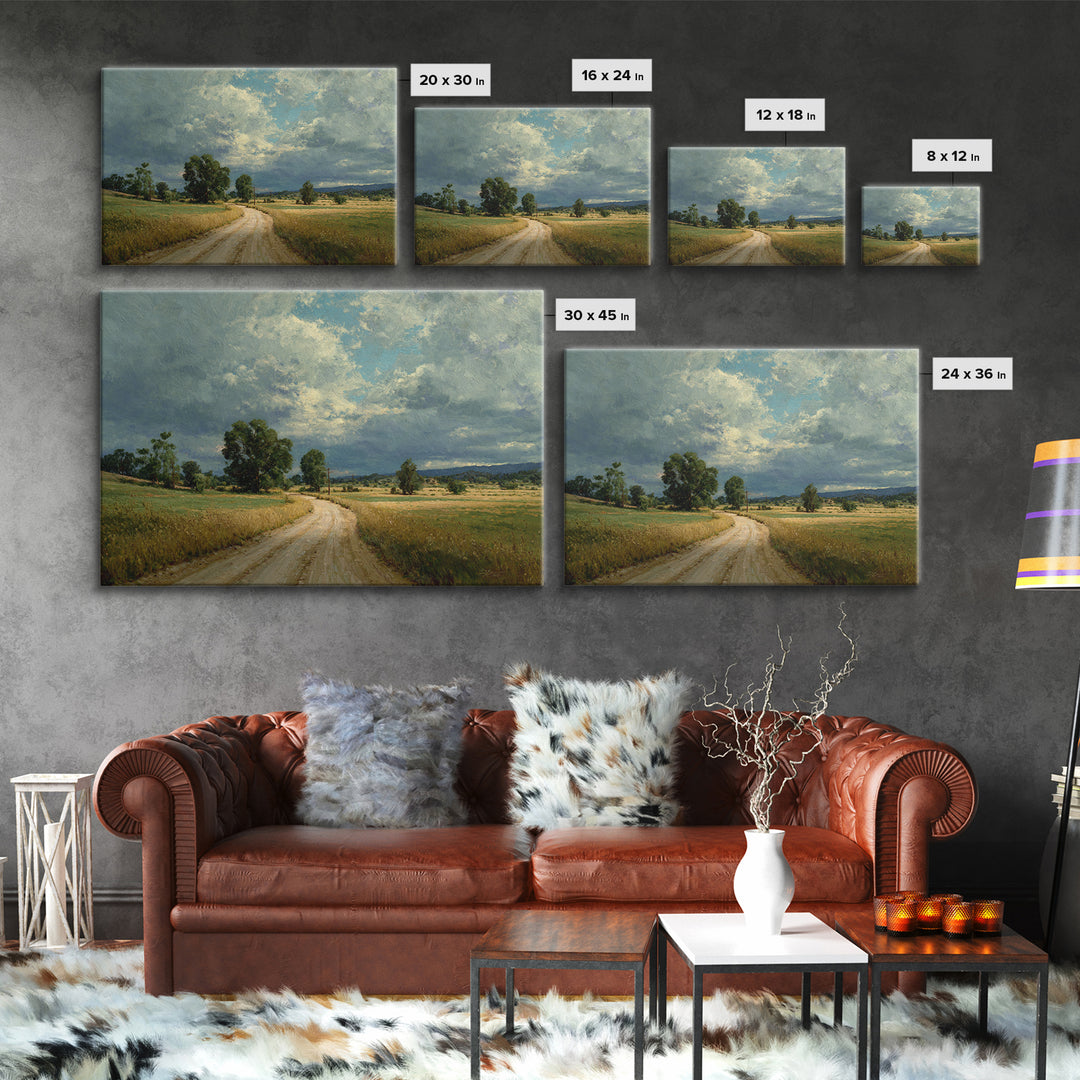 Old Country Road Framed Canvas Print, Landscape Art, Art Prints, Living Room Decor, Fine Art, Horizon, Abstract Wall Art, LAN-3x2-96