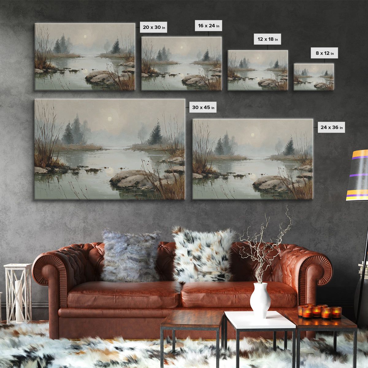 Moonlit River with Silver Reflections Framed Canvas Print, Landscape Art, Luxury Decor, Living Room Decor, Fine Art, Horizon, LAN-3x2-97