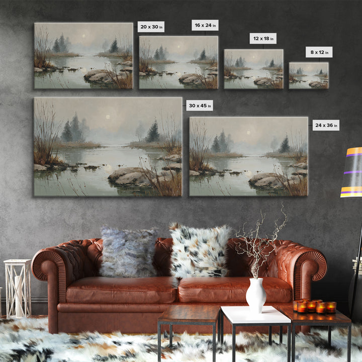 Moonlit River with Silver Reflections Framed Canvas Print, Landscape Art, Luxury Decor, Living Room Decor, Fine Art, Horizon, LAN-3x2-97
