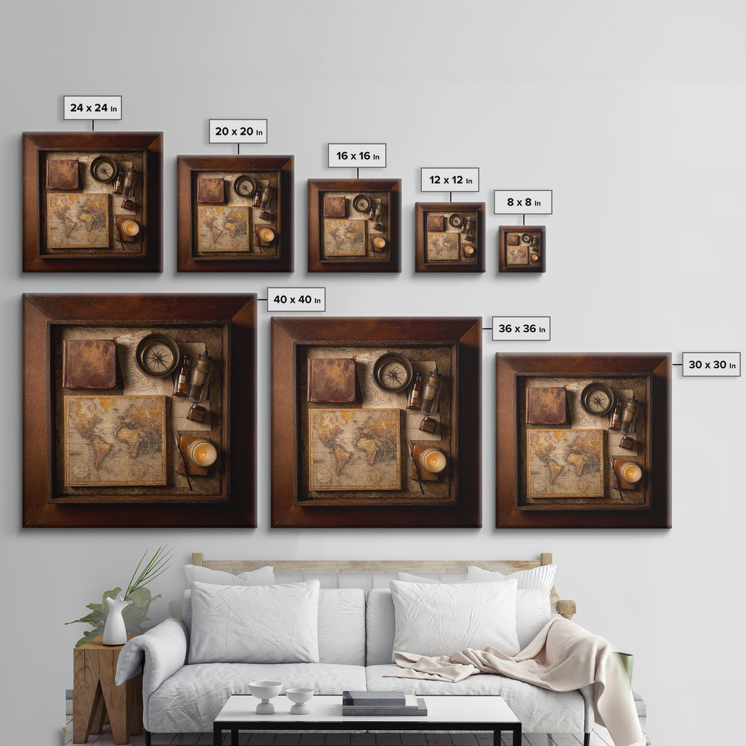 Map and Compass on Leather Bound Atlas Framed Canvas Print, Library Art, Room Decor, Library Decor, Fine Art, Archive, LIB-1x1-40