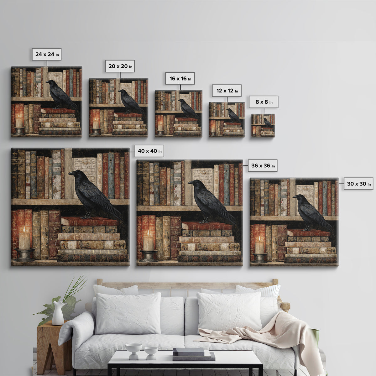 Black Raven Perched on Closed Book Framed Canvas Print, Library Art, Reading Nook Decor, Library Decor, Fine Art, Archive, LIB-1x1-70