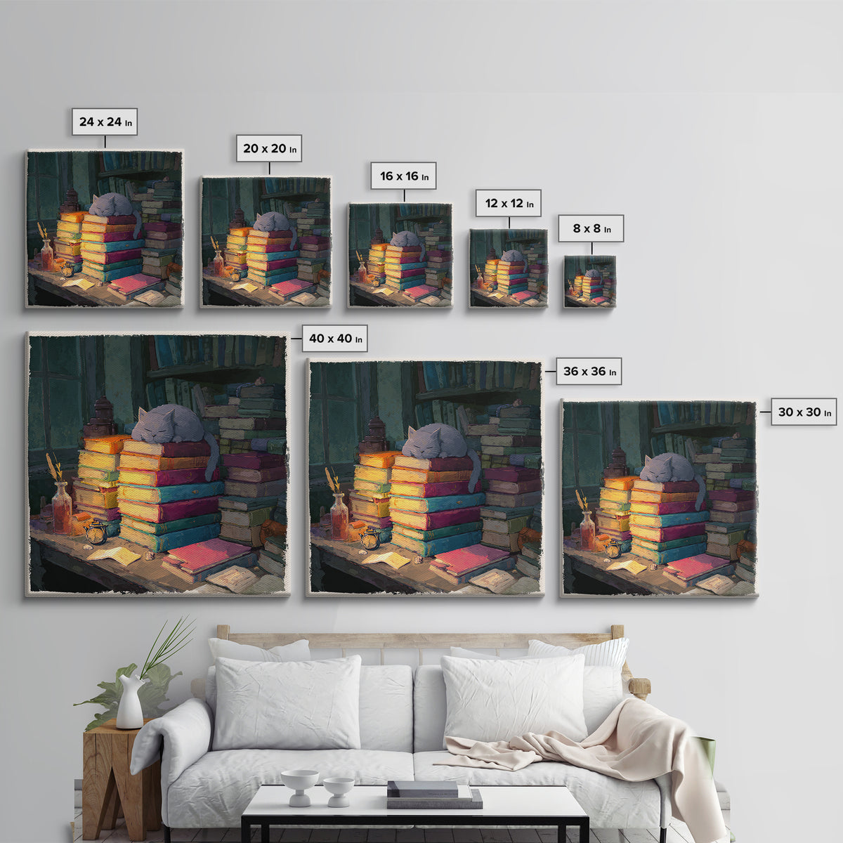 Cat Sleeping on a Book Stack Framed Canvas Print, Library Art, Boho Decor, Library Decor, Oil Painting, Archive, Digital Art, LIB-1x1-79